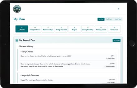 Screenshot of the My Plan dashboard interface showing tabs for different life areas including Choices, Independence, Relationships, Community, Rights, Health, Mental Health, and Resources. The current view shows the Decision Making section with Daily Choices and Major Life Decisions subsections.